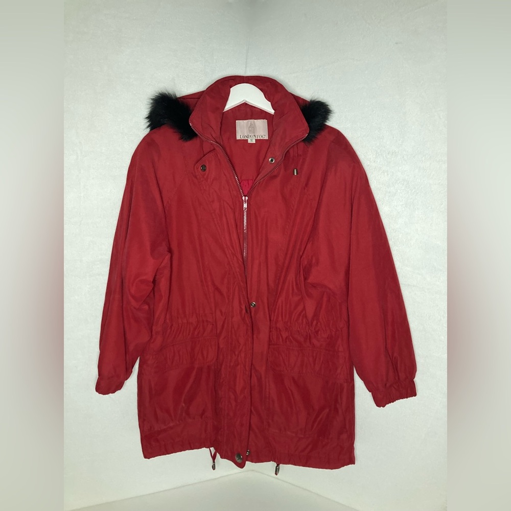 London Fog Women's Vibrant Red Ski Jacket with Black Fur Trim